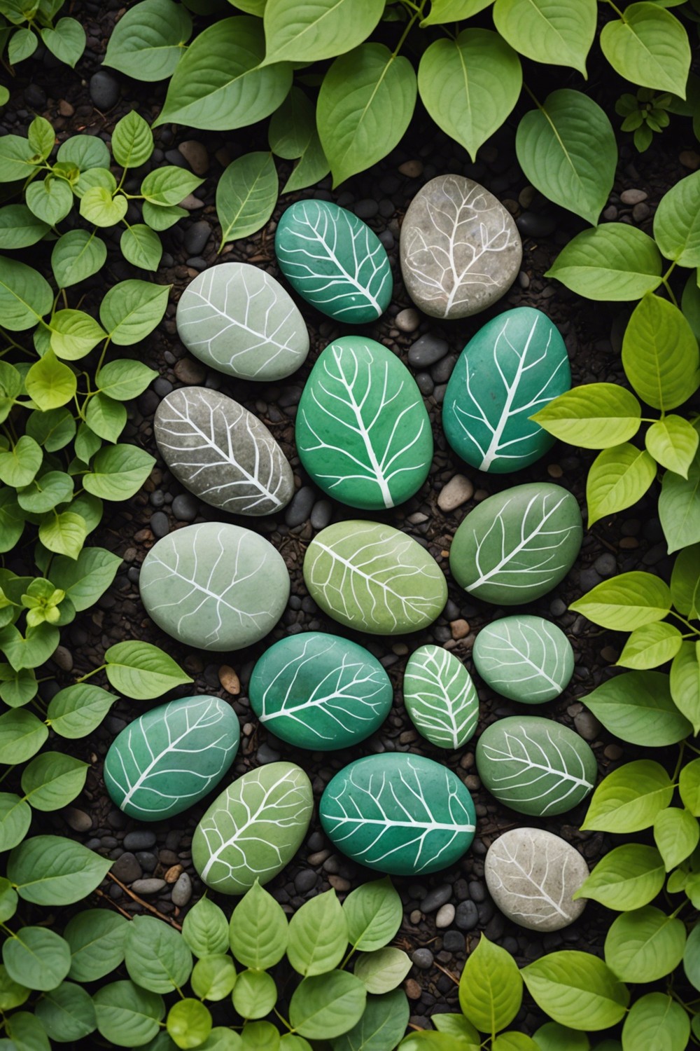 Hand-Printed Leaf Designs on Rocks