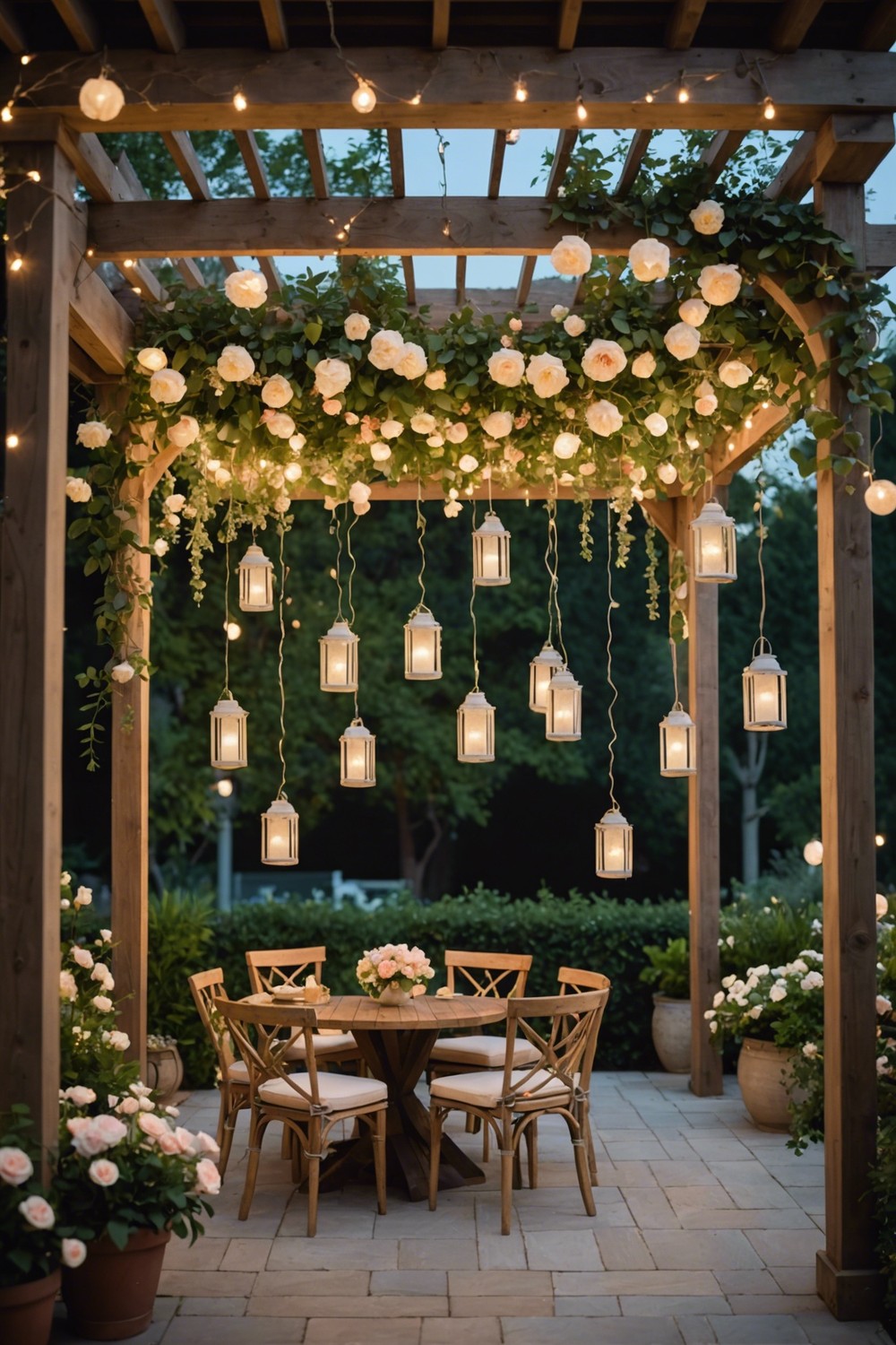 Hanging Floral Arrangements with Fairy Lights