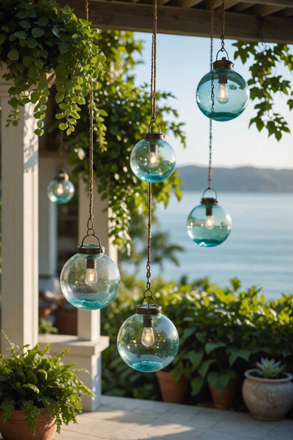 Hanging Glass Orb Lanterns in a Coastal Theme