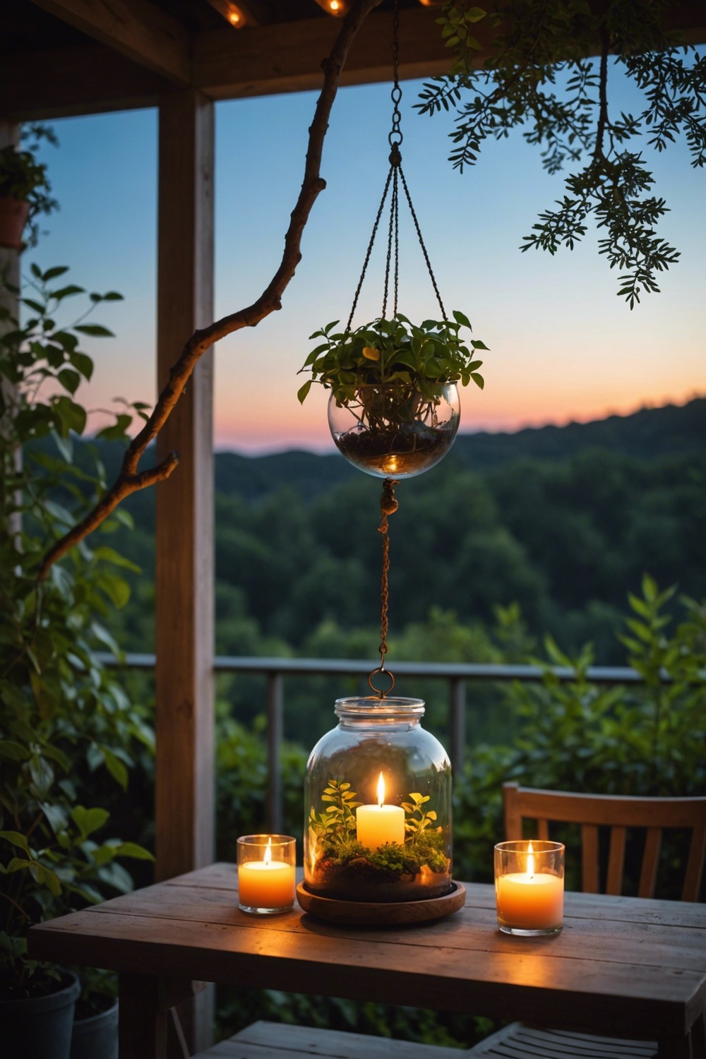 Hanging Terrariums with Candles and Greenery