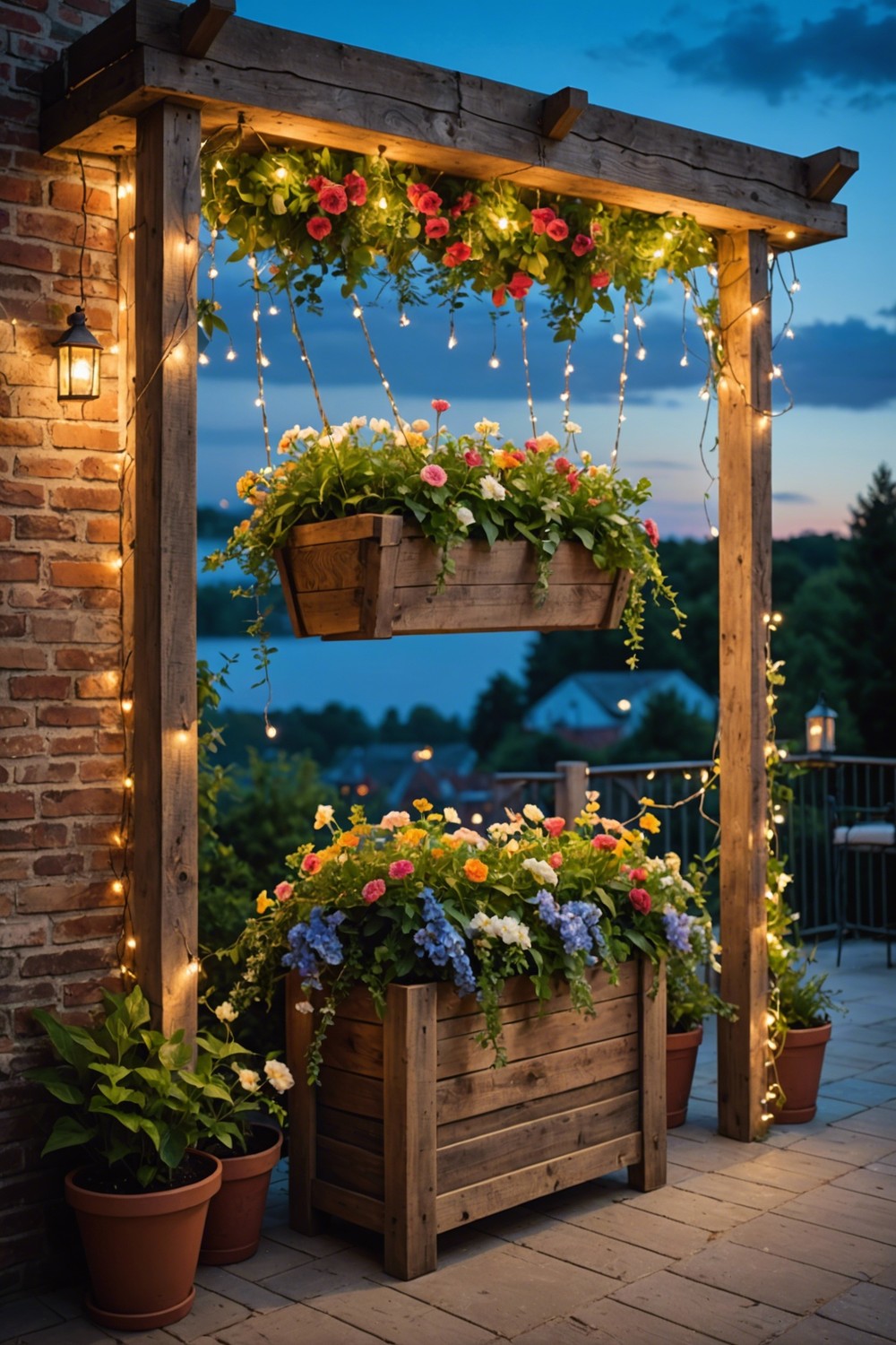 Hanging Wooden Planters with Fairy Lights and Flowers