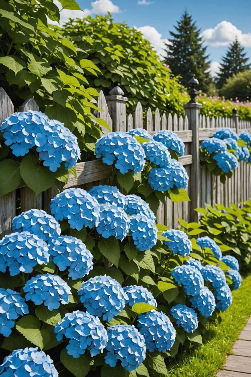 Hydrangea Bushes Along a Fence