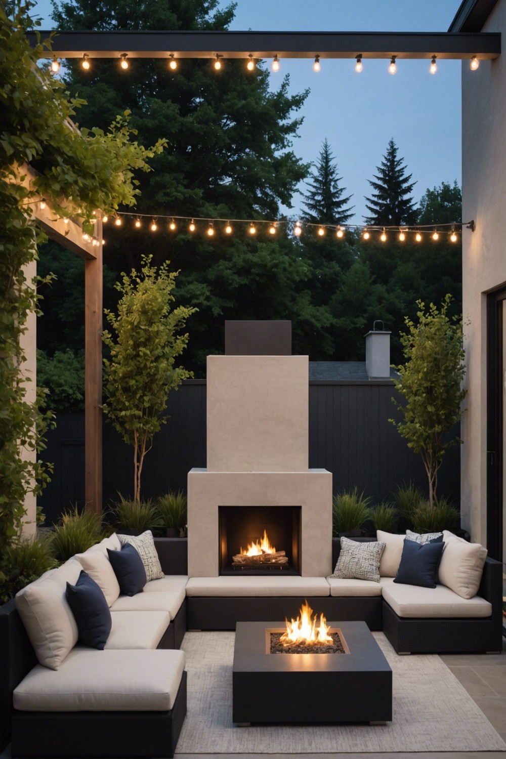 Modern Outdoor Fireplace with Sectional Sofa