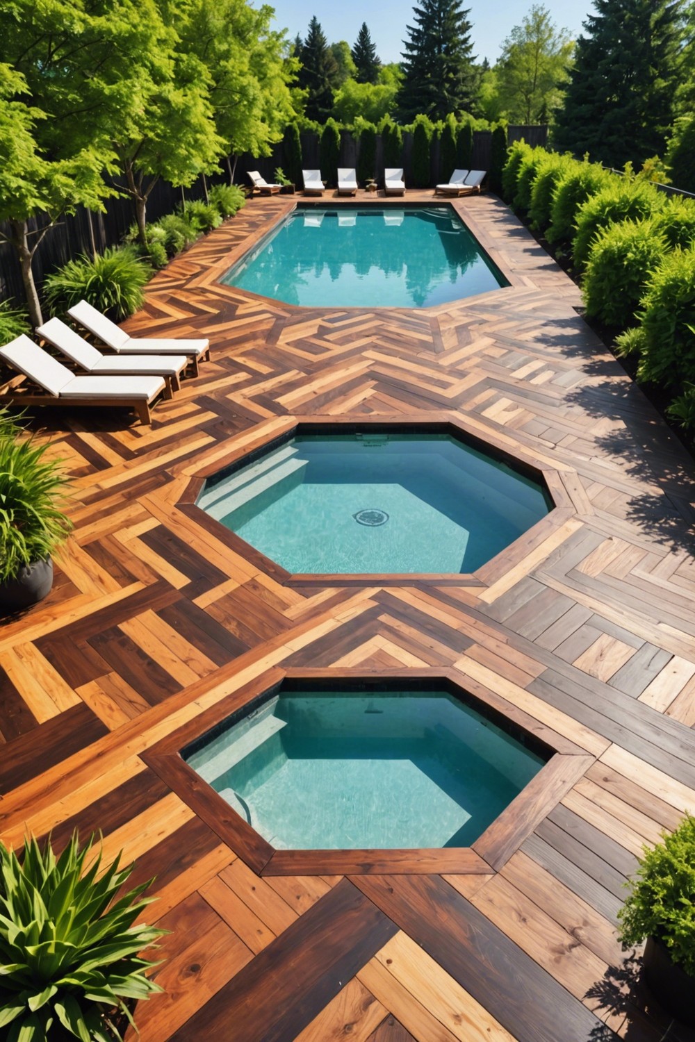 Modern Pallet Pool Decks with Geometric Patterns