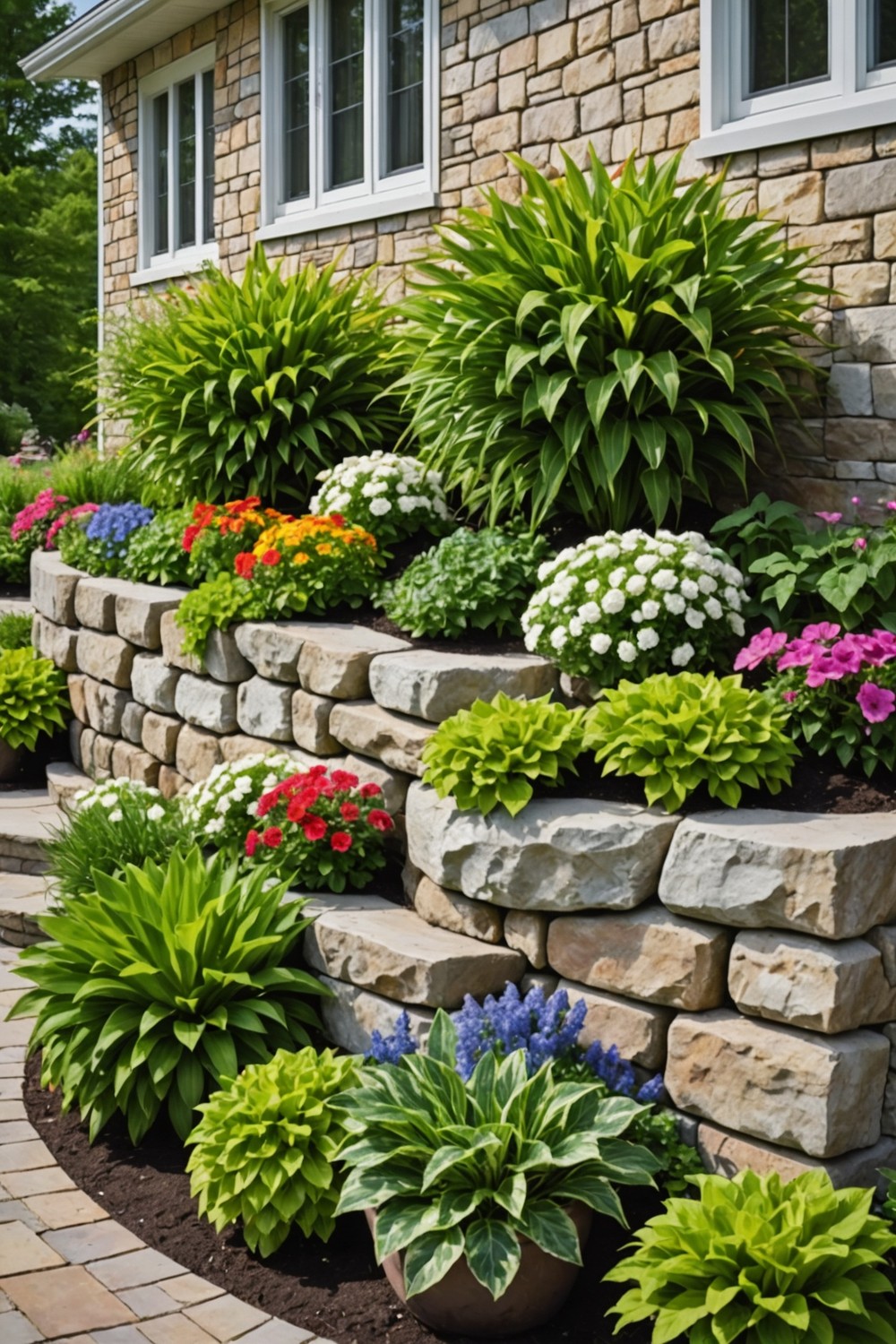 Natural Stone Retaining Wall with Tiered Planters