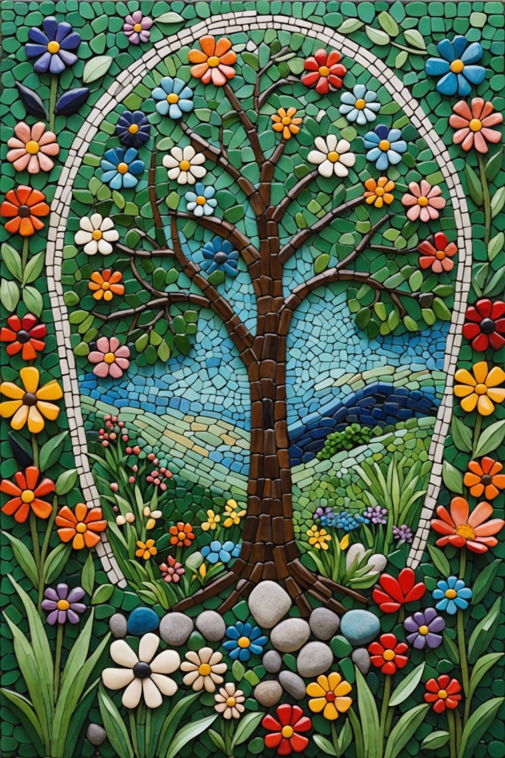 Nature-Themed Rock Mosaic Art