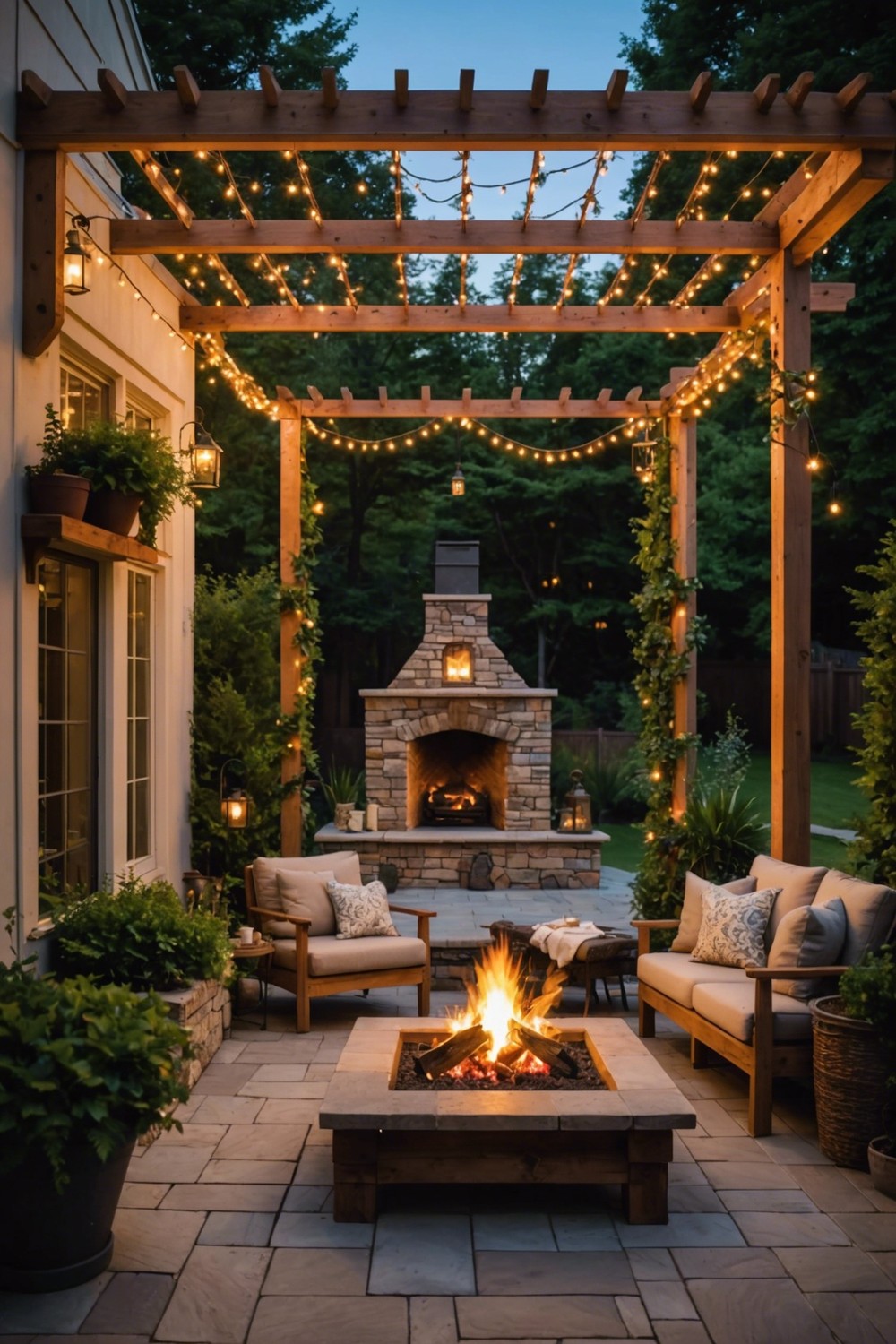 Outdoor Fireplace with Pergola and String Lights