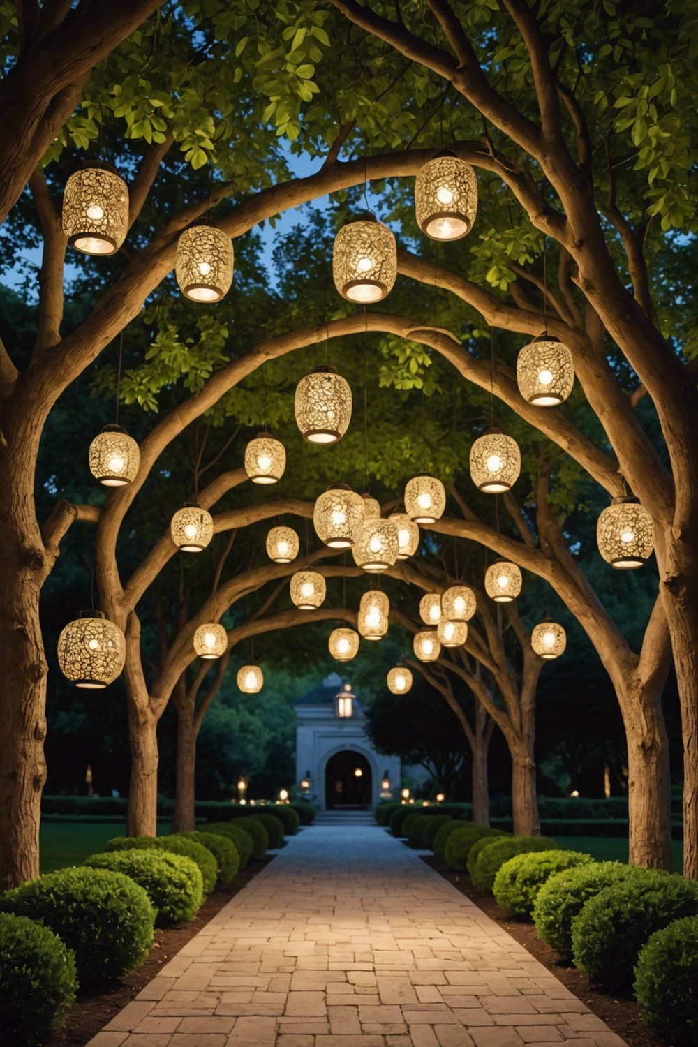 Outdoor Foyer with Hanging Lanterns in a Circular Pattern
