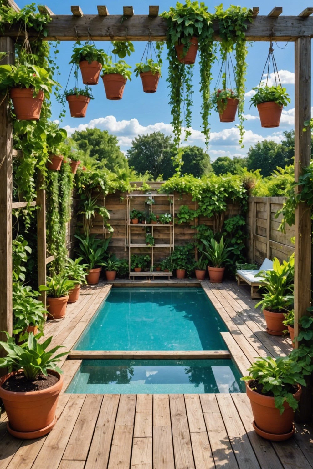 Pallet Pool Decks with Hanging Potted Plants