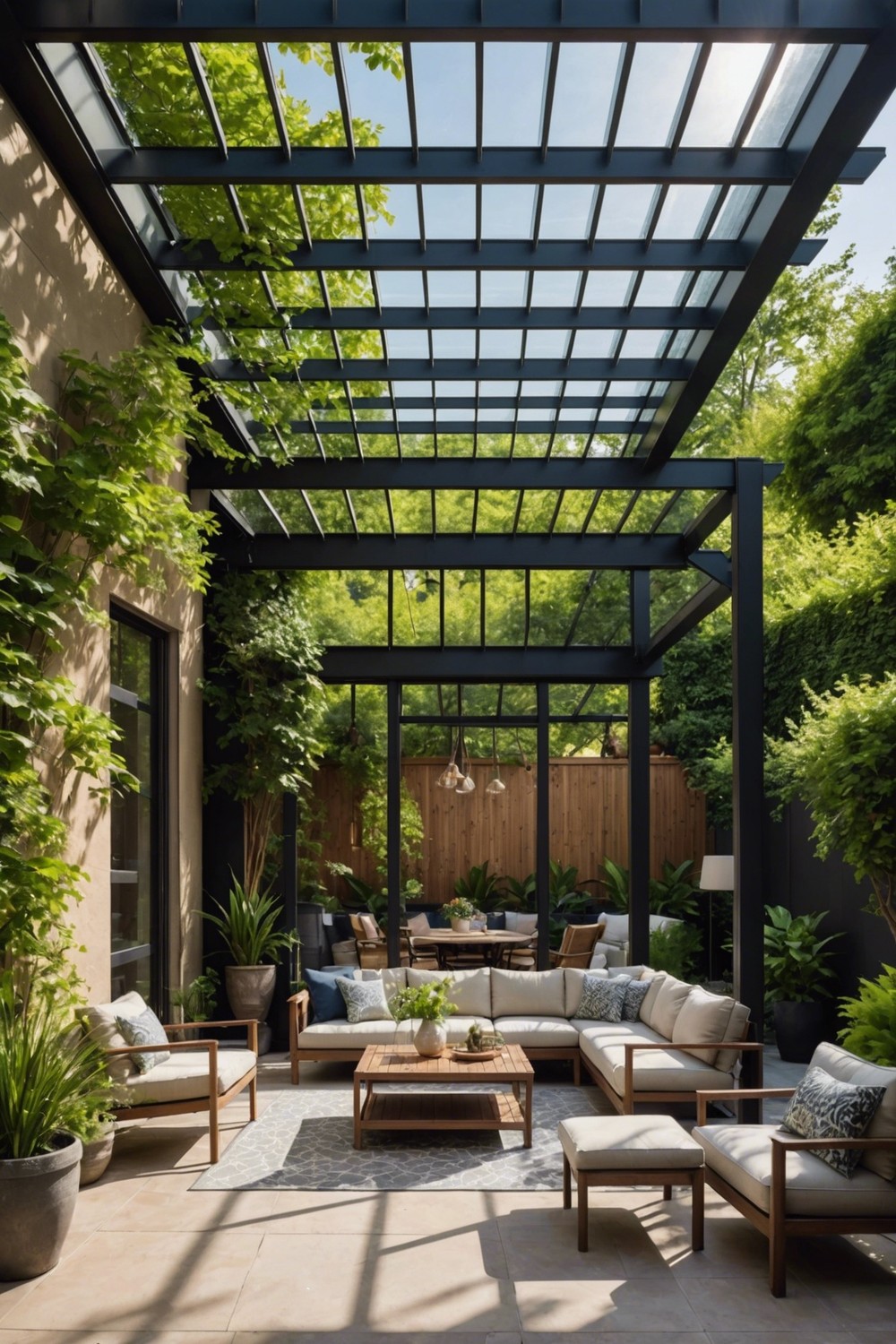 Pergola with Steel Beams and Polycarbonate Roof