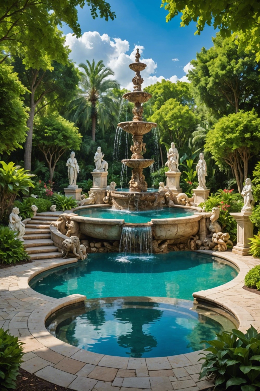 Raised Pool with Fountains and Statues