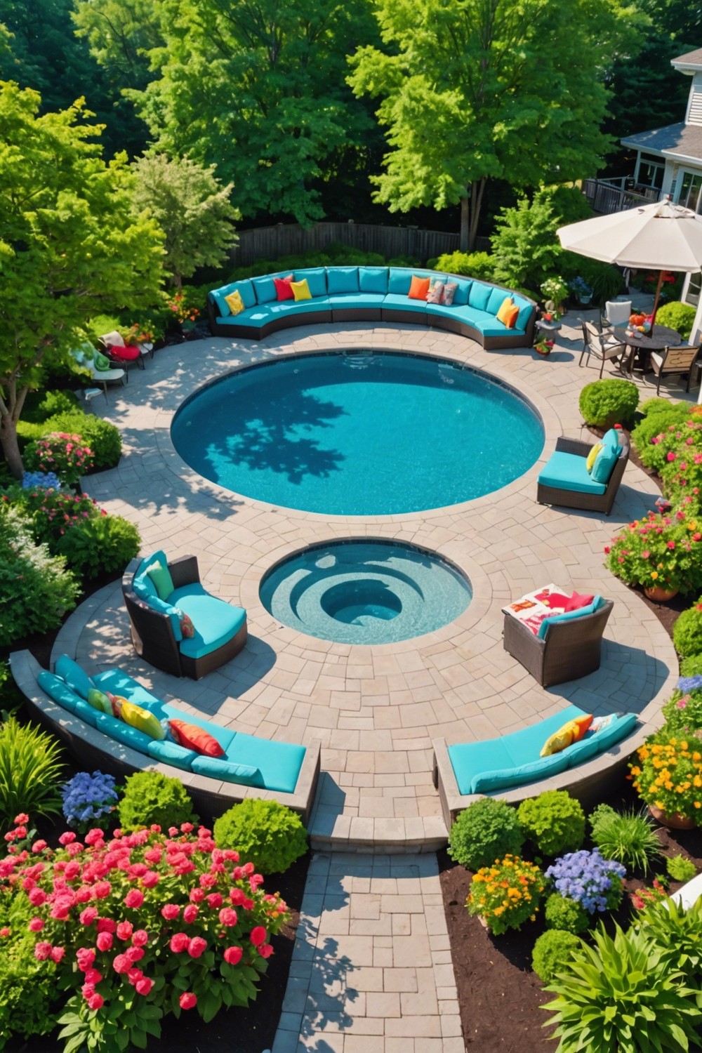 Round Pool Deck with Built-in Seating