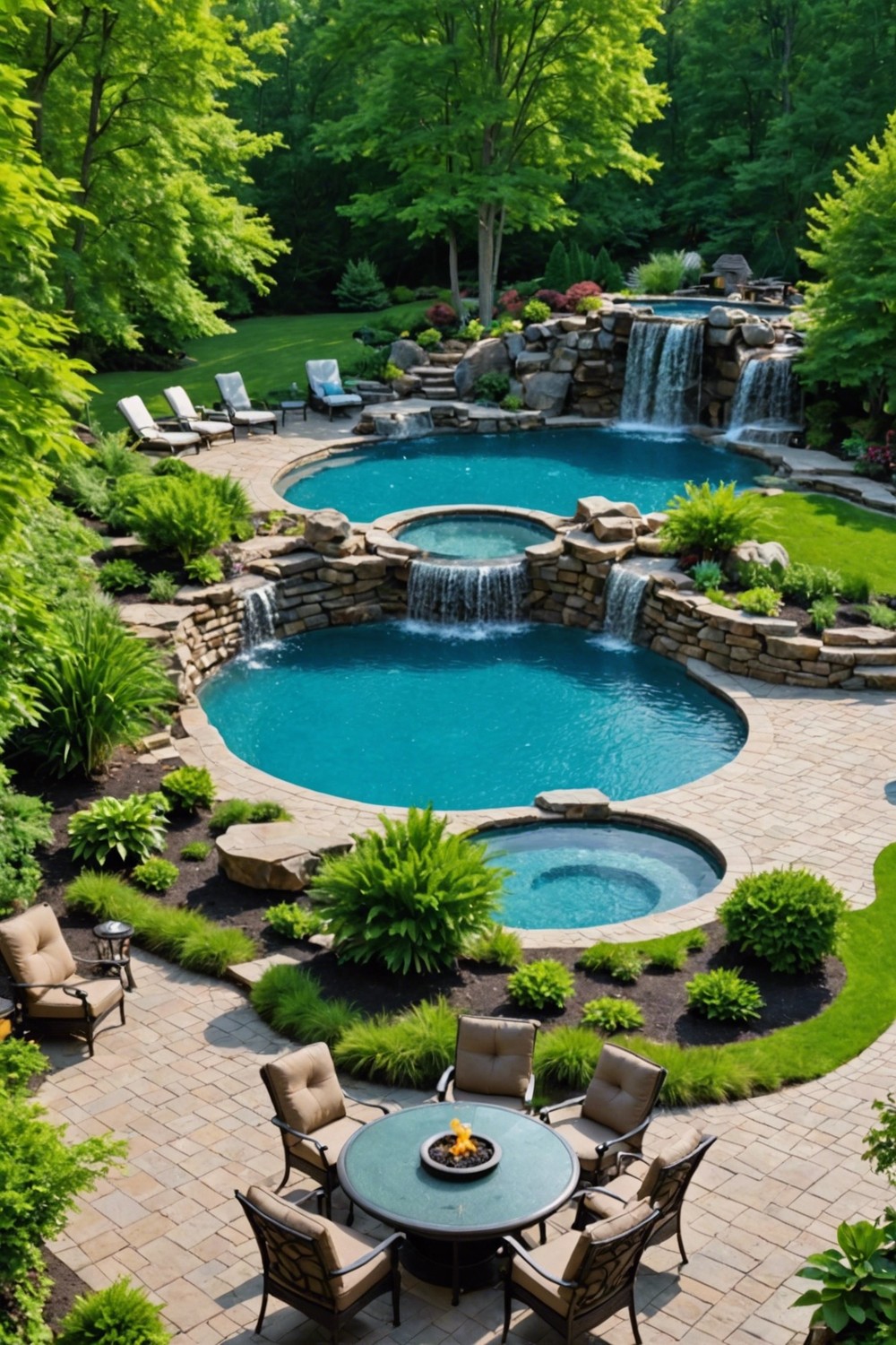 Round Pool with Hot Tub and Waterfall