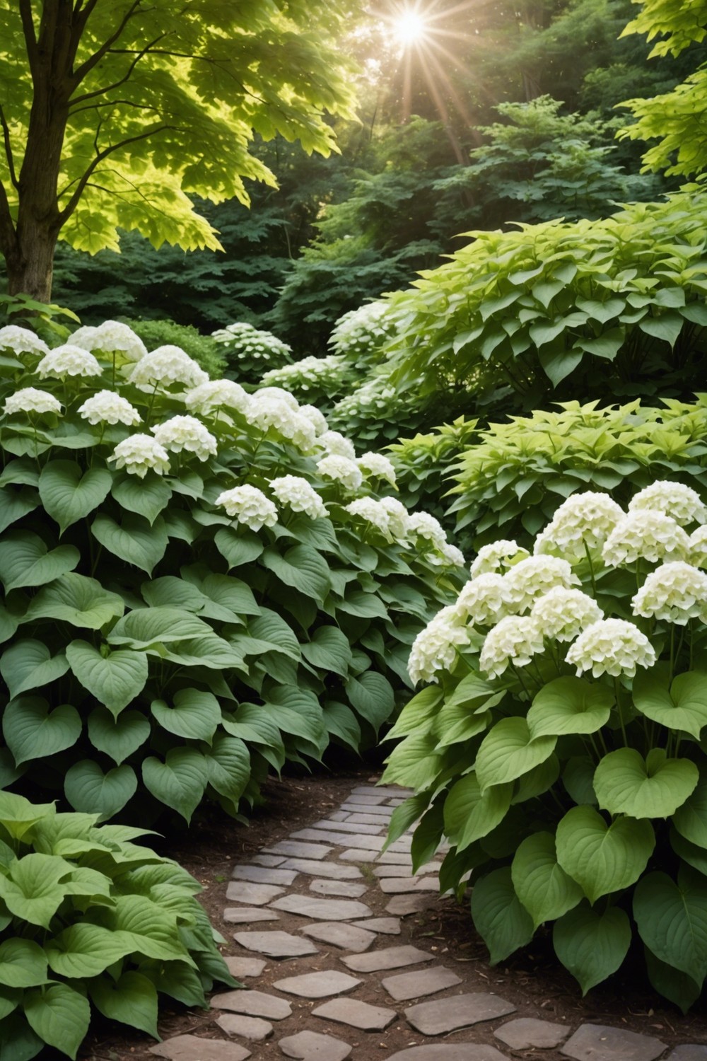 Rustic Charm with Annabelle Hydrangeas and Giant Hostas