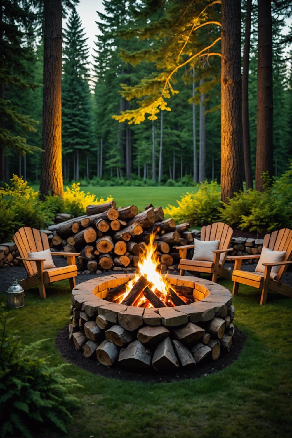 Rustic Fire Pit with Tree Stump Seating