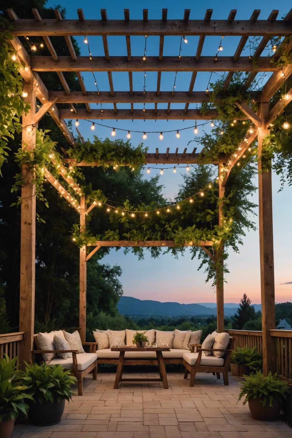 Rustic Wood Pergola with Twinkling Lights
