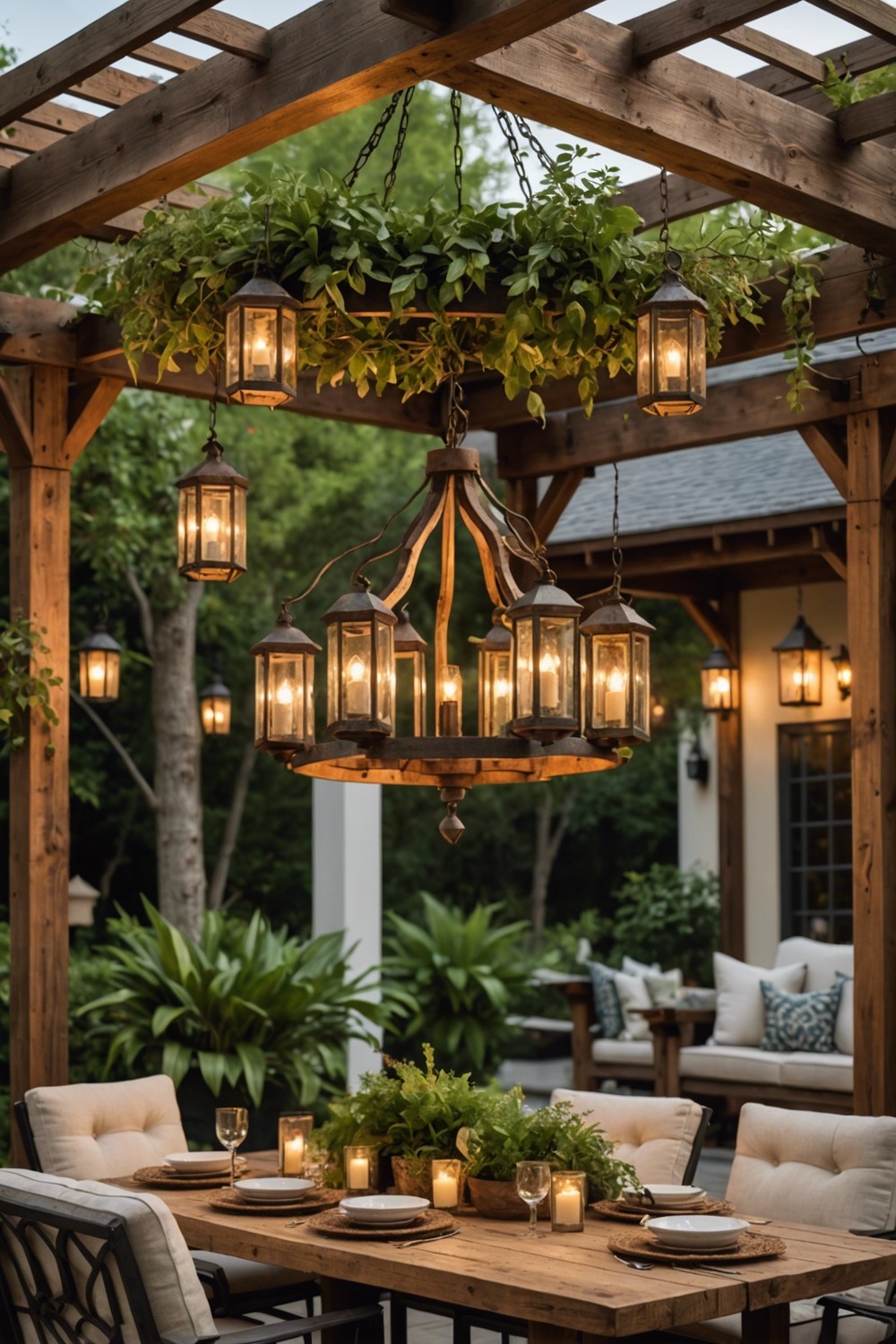 Rustic Wooden Chandelier with Lantern-Style Lights