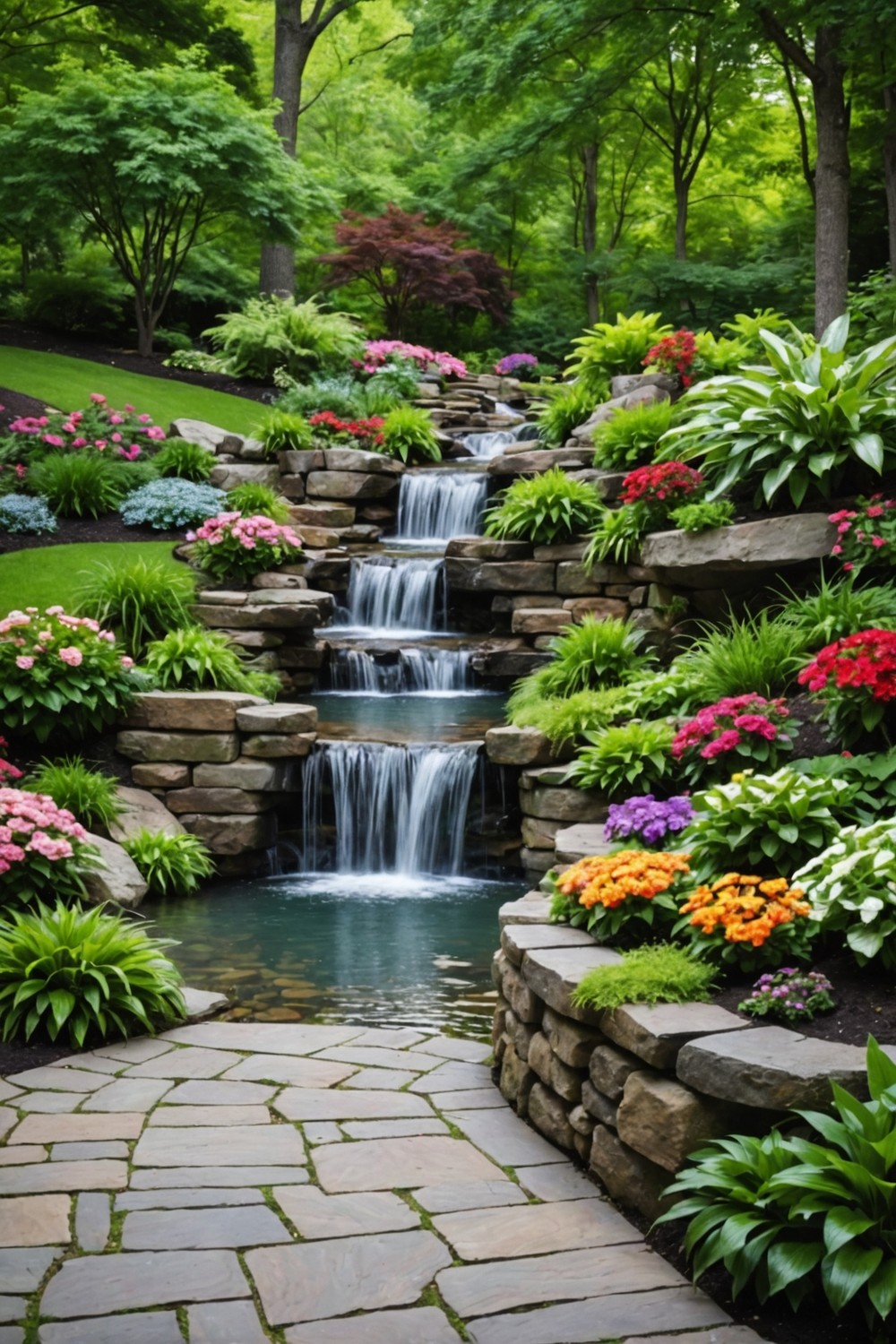 Stacked Stone Retaining Wall with Waterfall