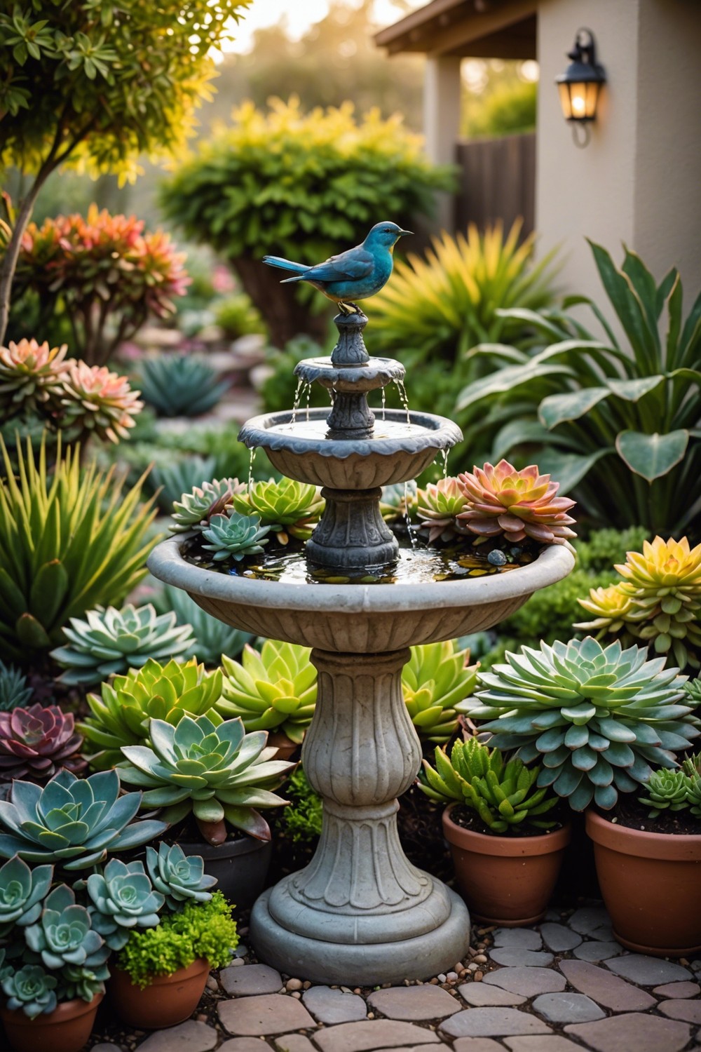 Succulent-Filled Birdbaths and Fountains