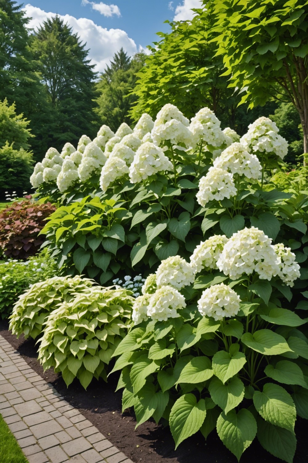 Sunny Border with Panicle Hydrangeas and Solid-Colored Hostas