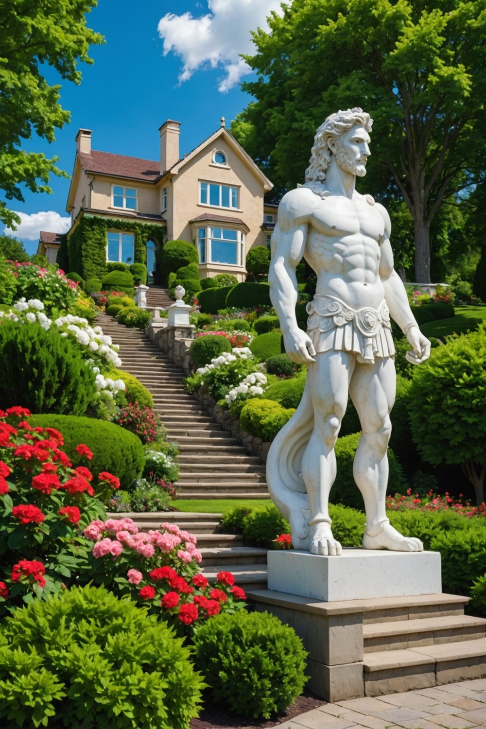 Tall Retaining Wall with Focal Point Statue
