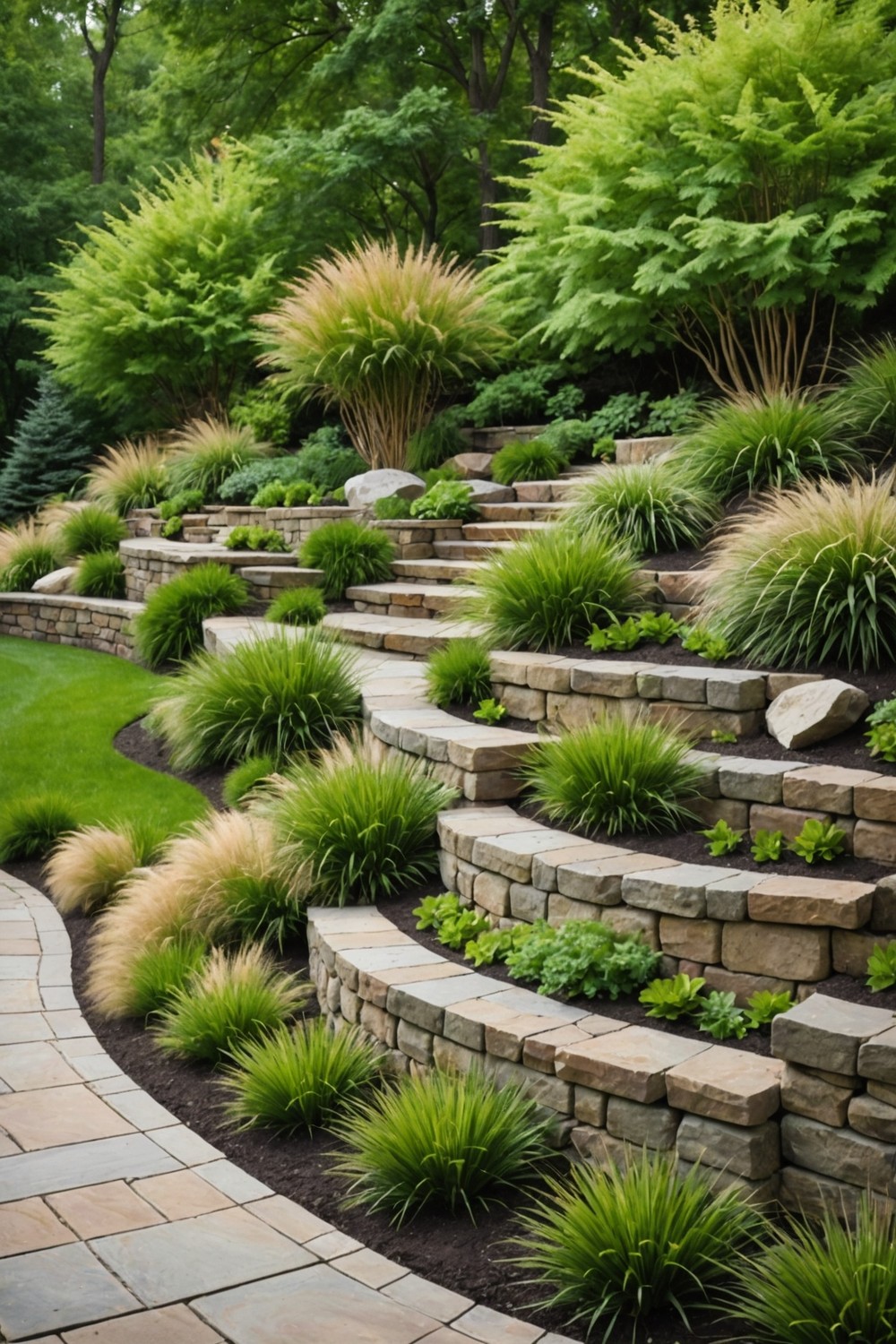 Tiered Retaining Wall with Ornamental Grasses