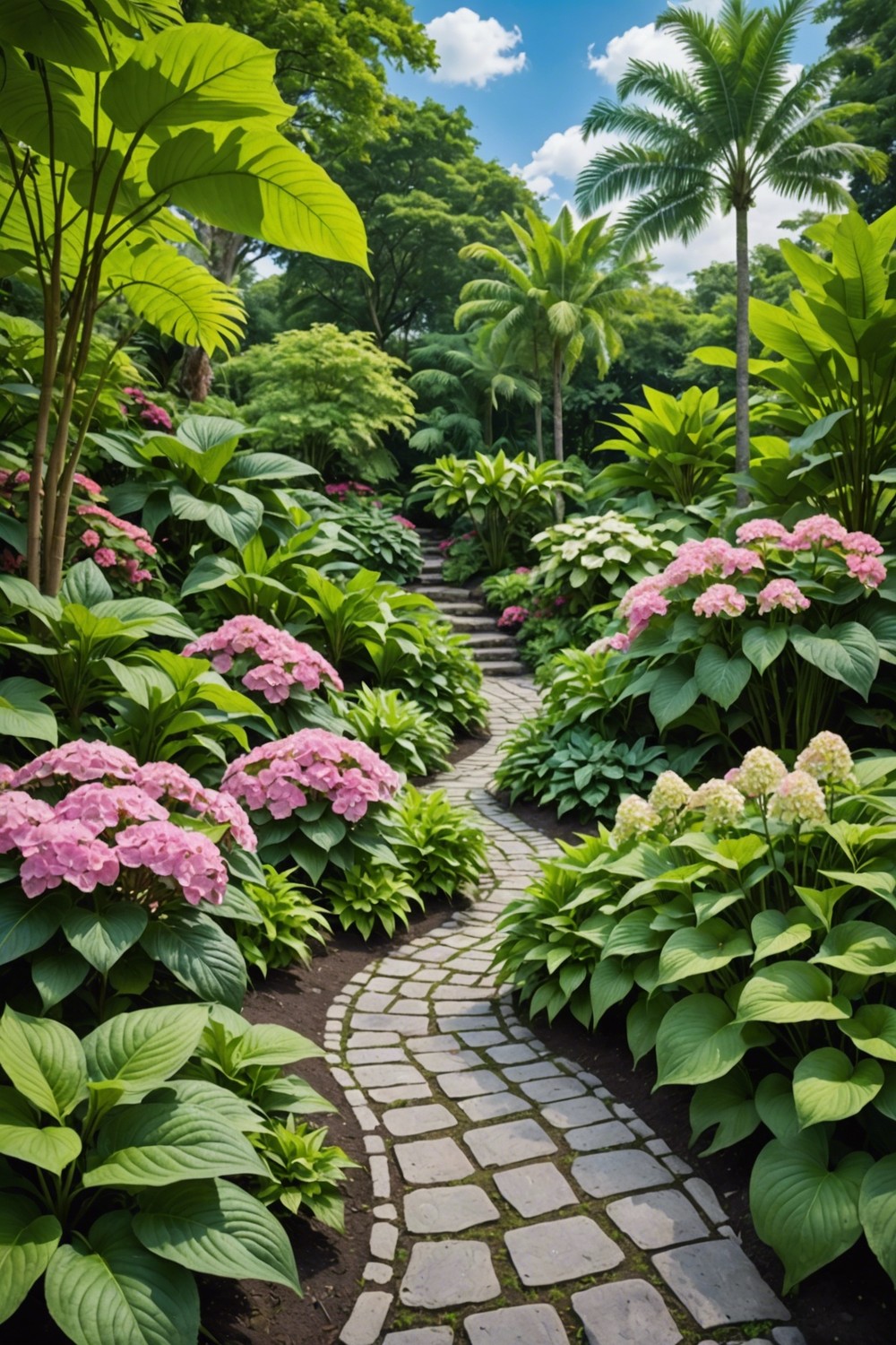 Tropical Oasis with Pink Hydrangeas and Patterned Hostas