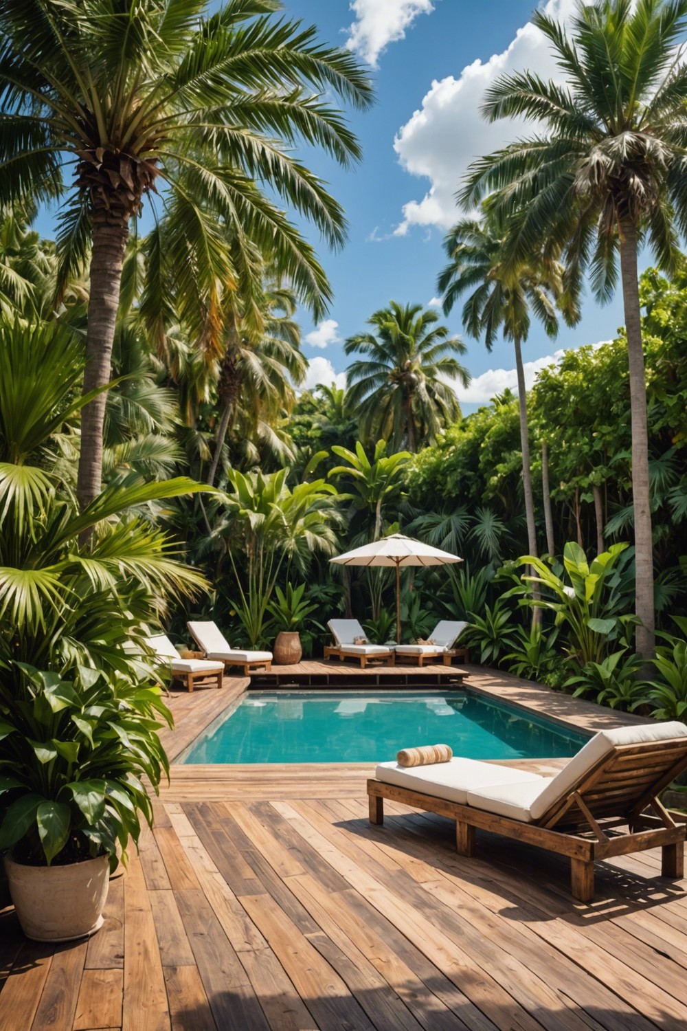 Tropical Pallet Pool Decks with Palm Trees