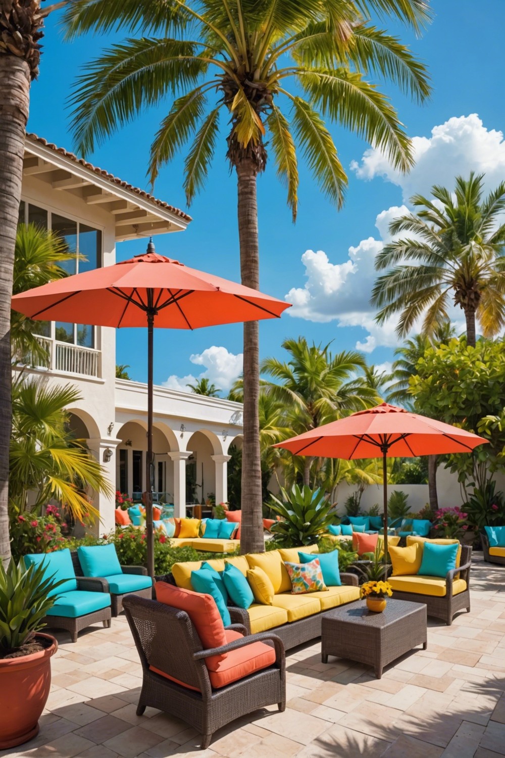 Tropical Patio with Palm Trees and Colorful Accents