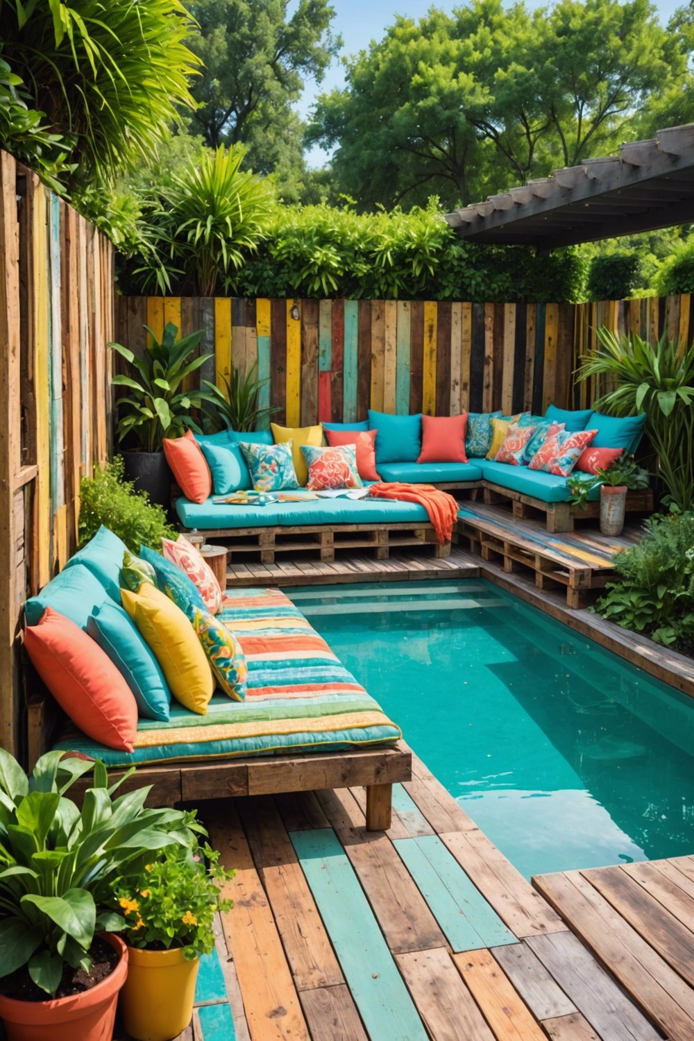 Upcycled Pallet Pool Decks with Colorful Cushions