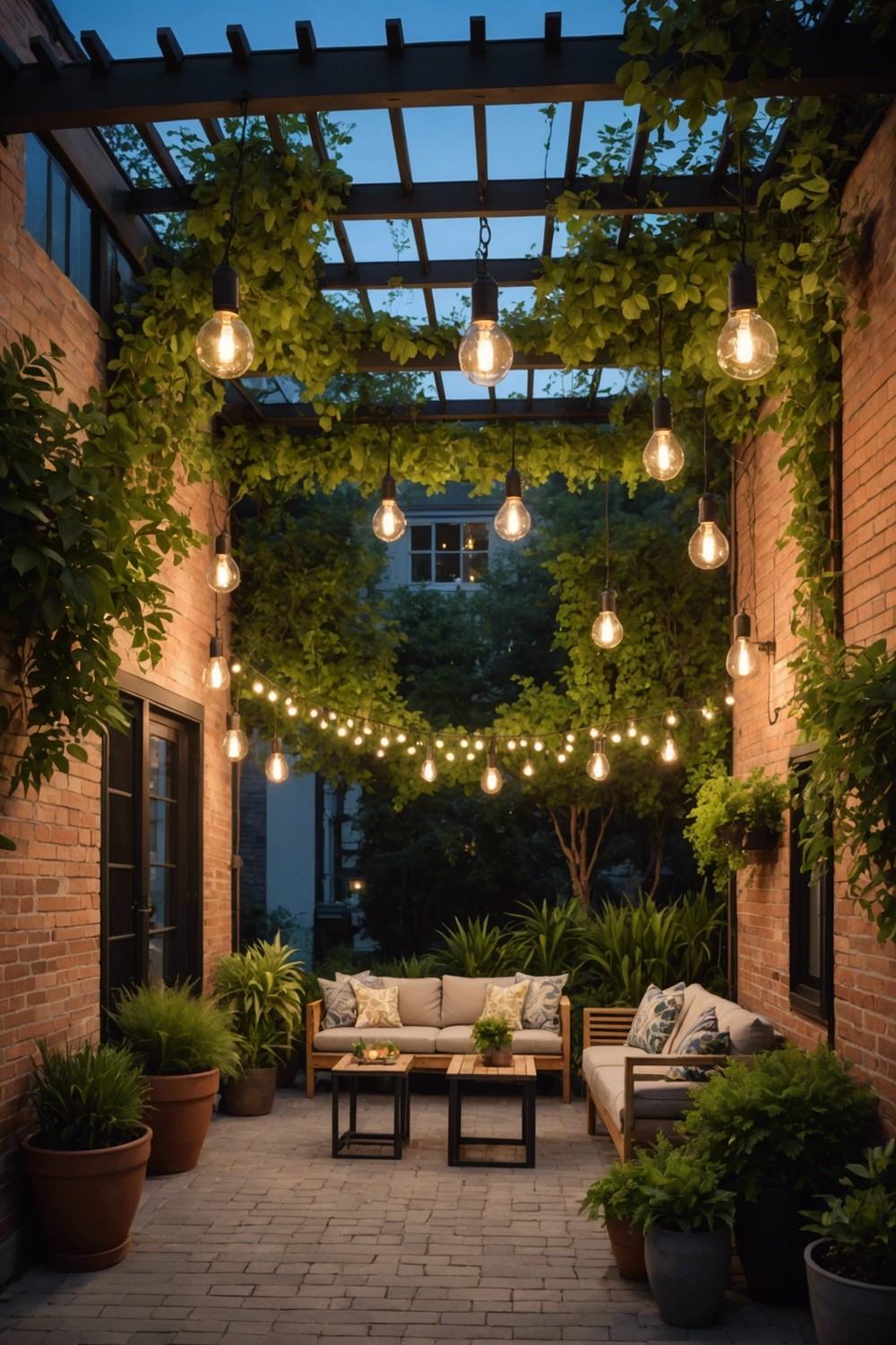 Urban Oasis with Hanging Industrial Lights