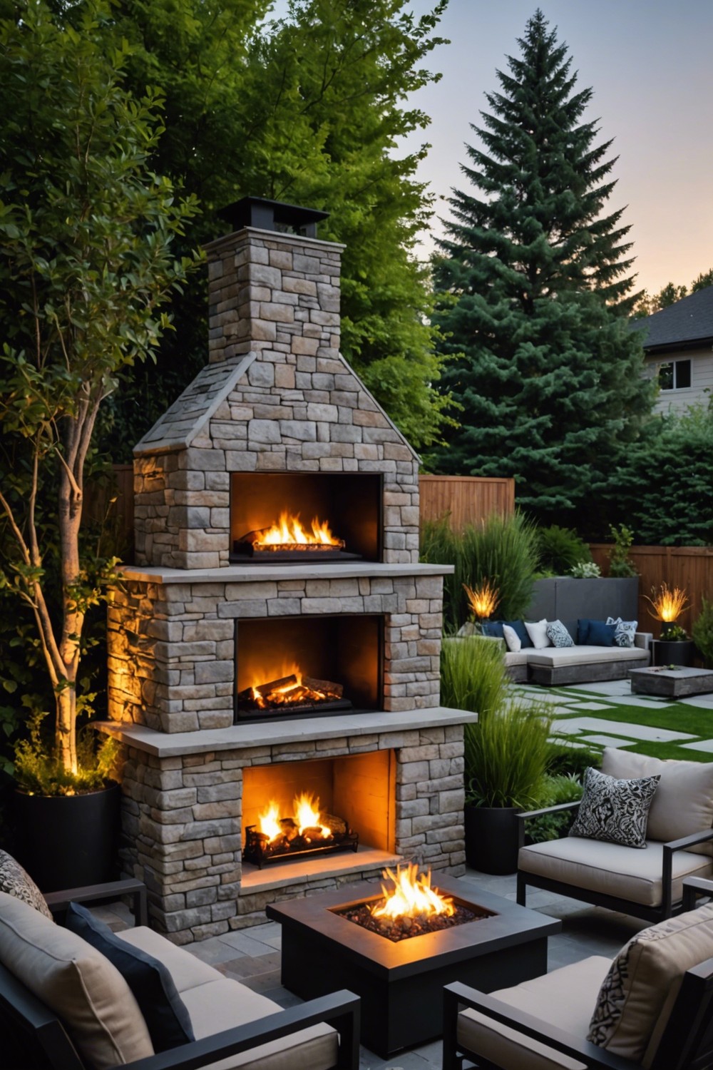 Wall-Mounted Outdoor Fireplace with Lighting