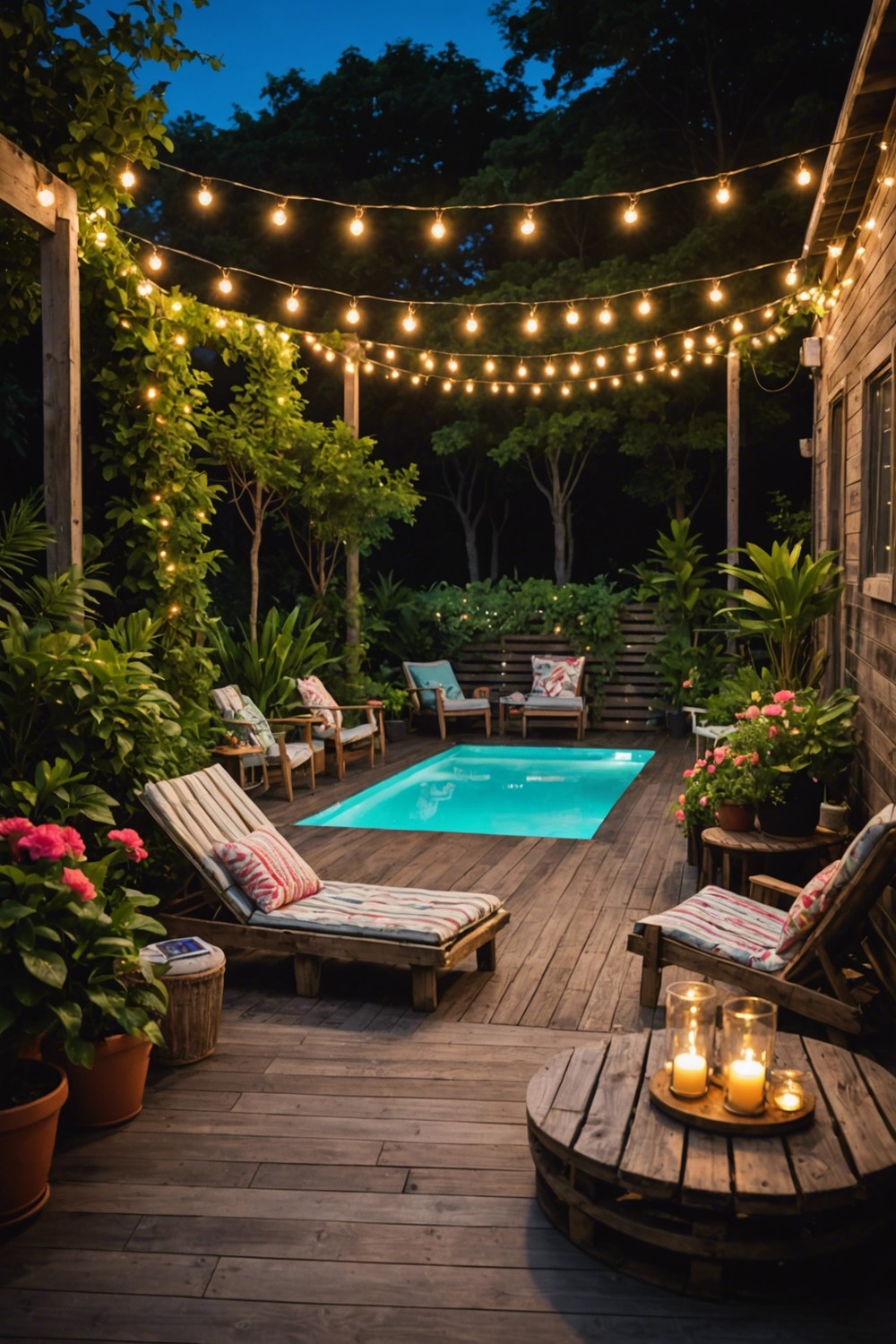 Whimsical Pallet Pool Decks with Fairy Lights