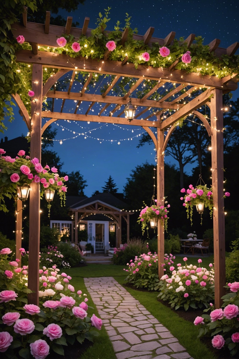 Whimsical Pergola with Fairy Lights and Flowers