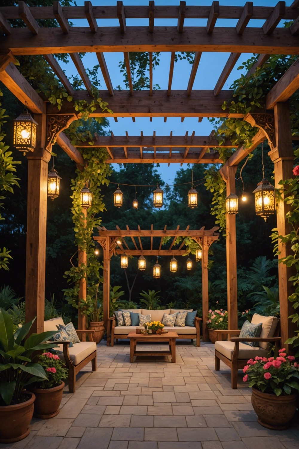 Wooden Pergola with Carved Designs and Lanterns