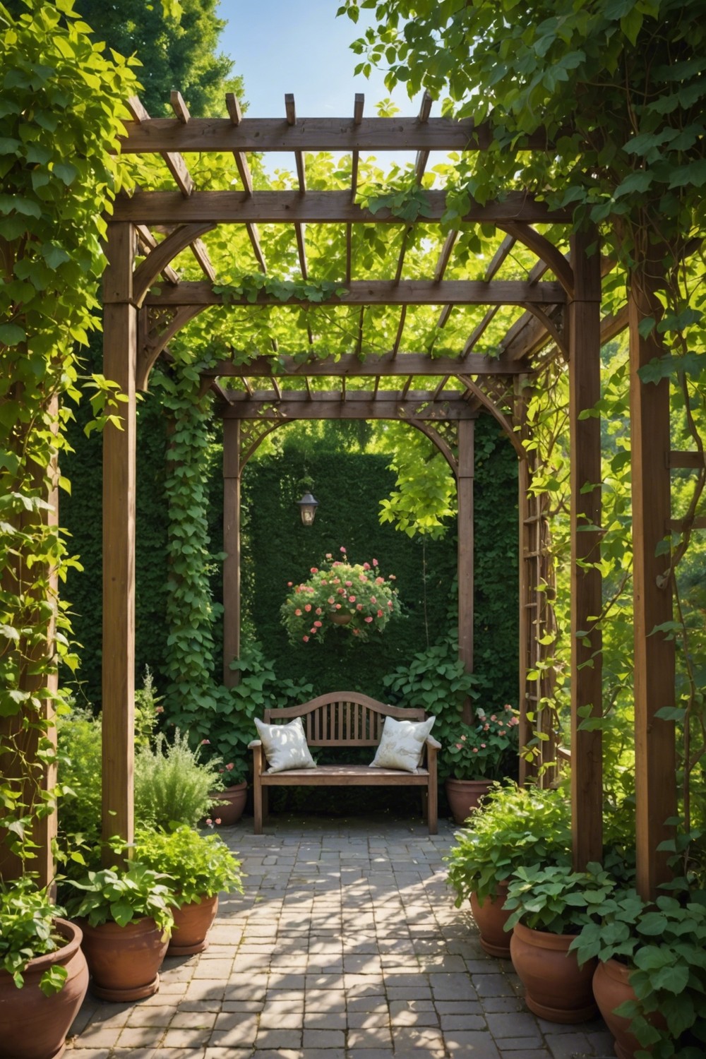 Wooden Pergola with Trellis and Climbing Vines