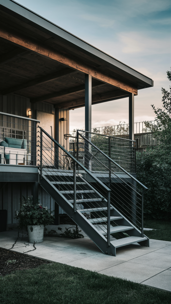 Industrial-Style Steps with Metal Railing