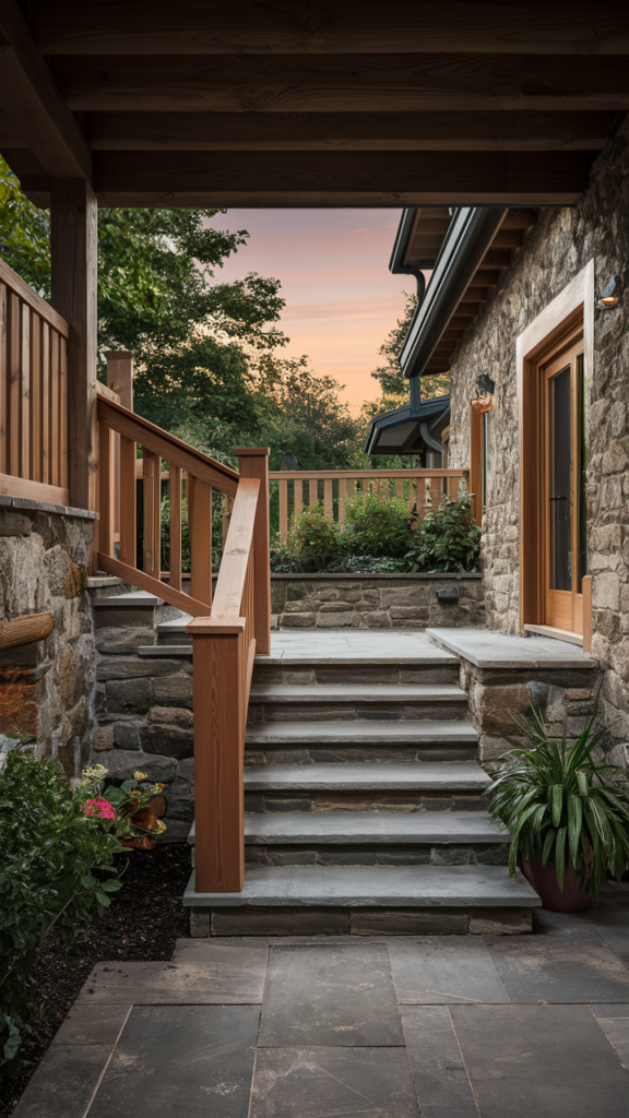 Natural Stone Steps with Wooden Railing