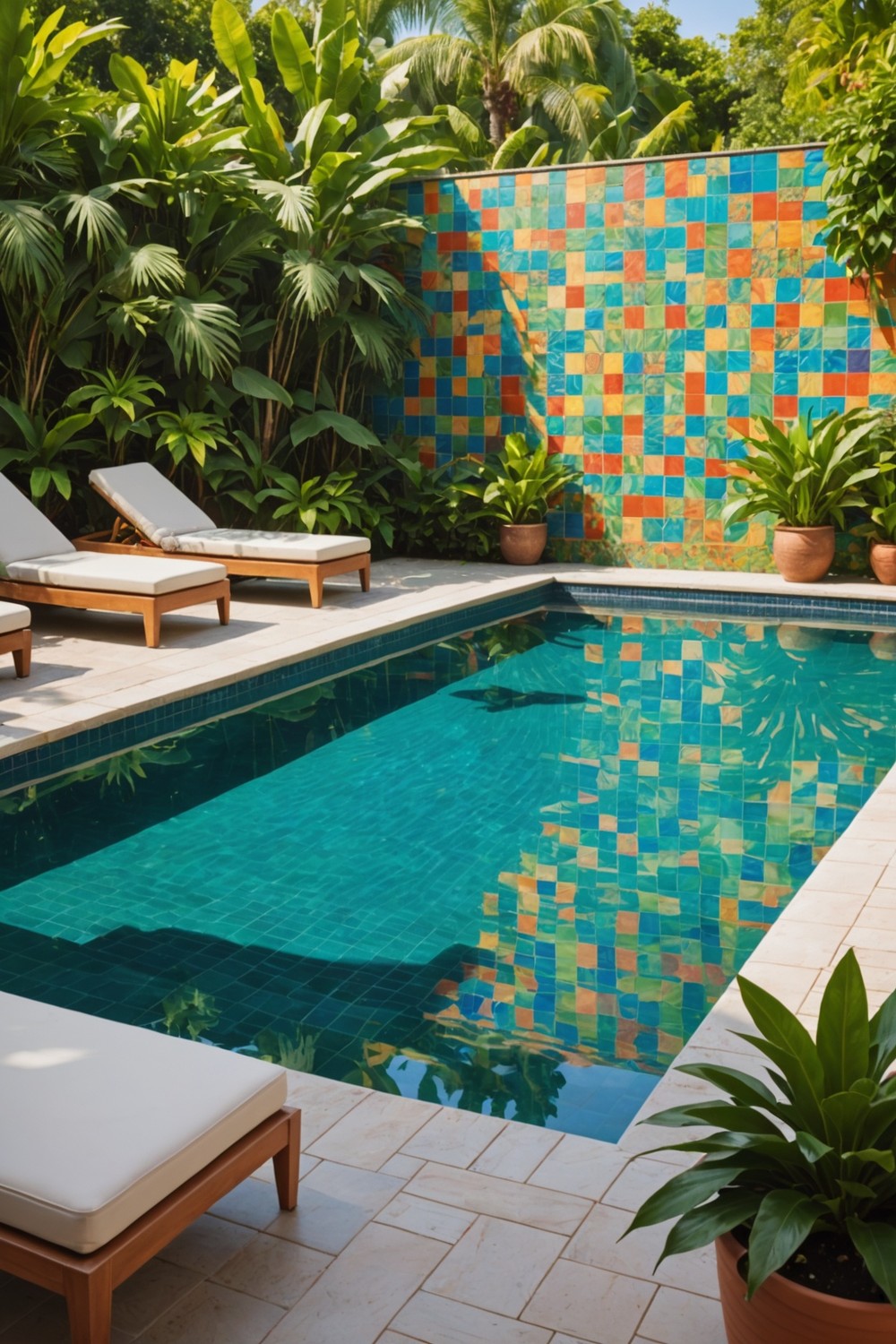 Colorful Tile Accent Wall Behind Pool