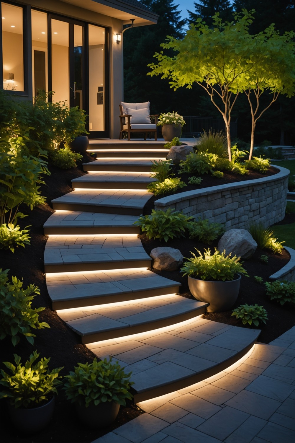 Curved Steps with LED Lighting