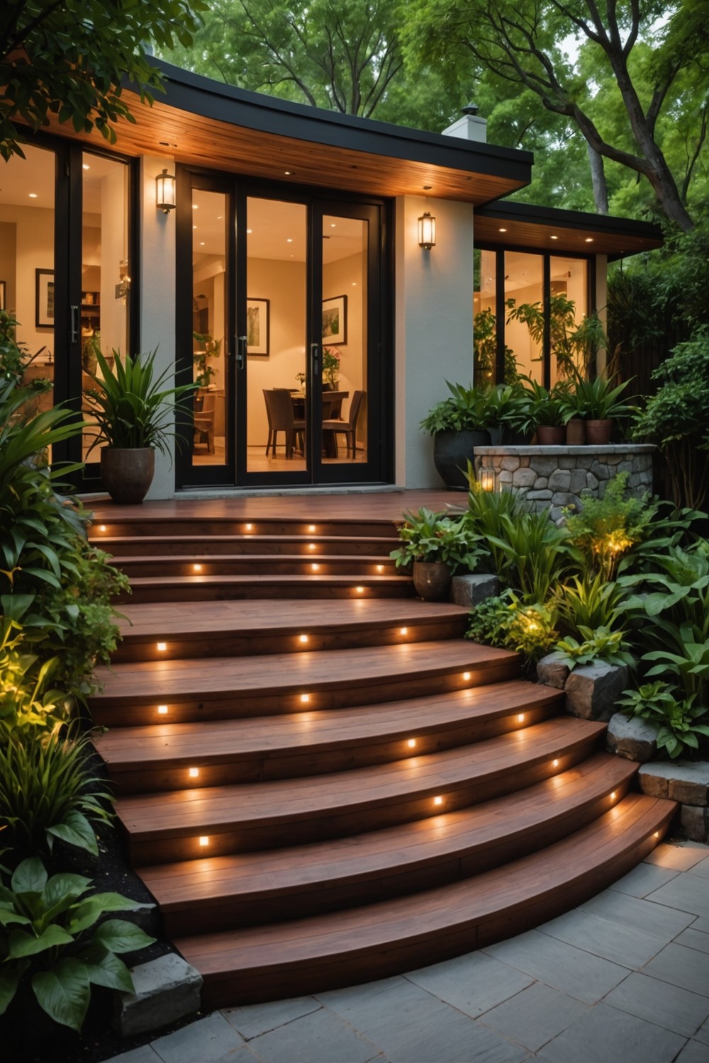 Curved Wooden Steps for a Grand Entrance