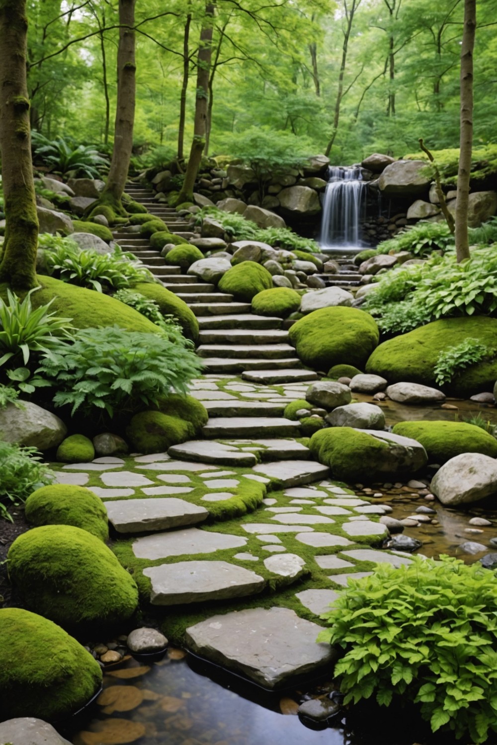 Natural Stone Steps with Moss Accents