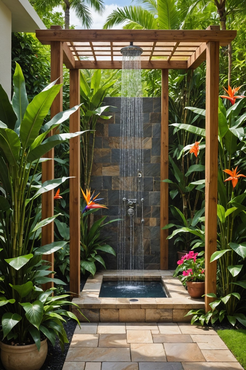 Poolside Outdoor Shower with Tropical Plants