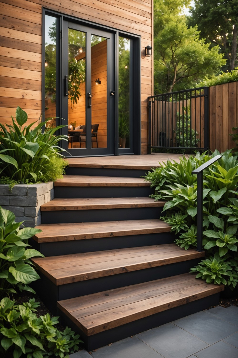 Reclaimed Wood Steps with Modern Railings