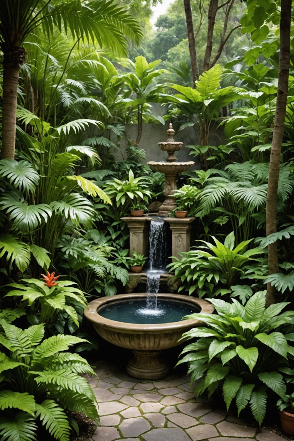 Small Fountain with Surrounding Plants