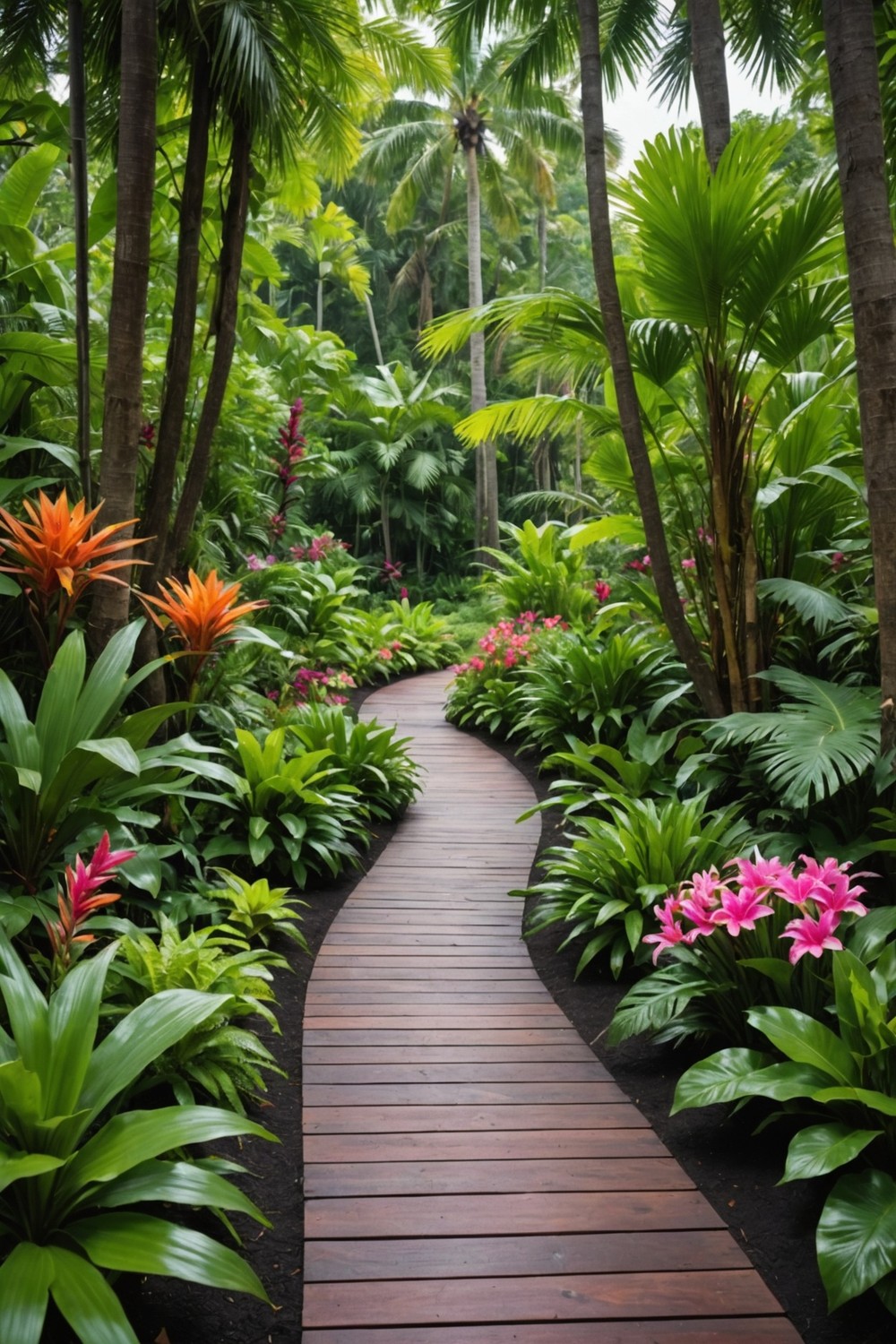 Teakwood Pathway with Tropical Plants