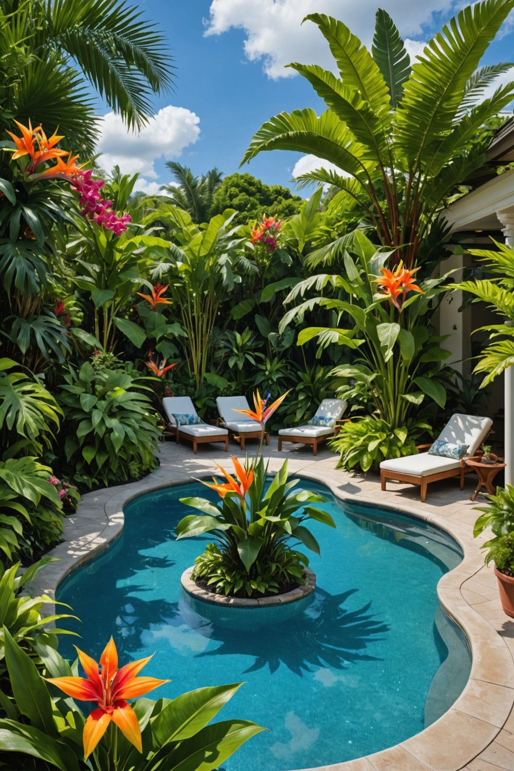 Tropical Flower Arrangements Around Pool