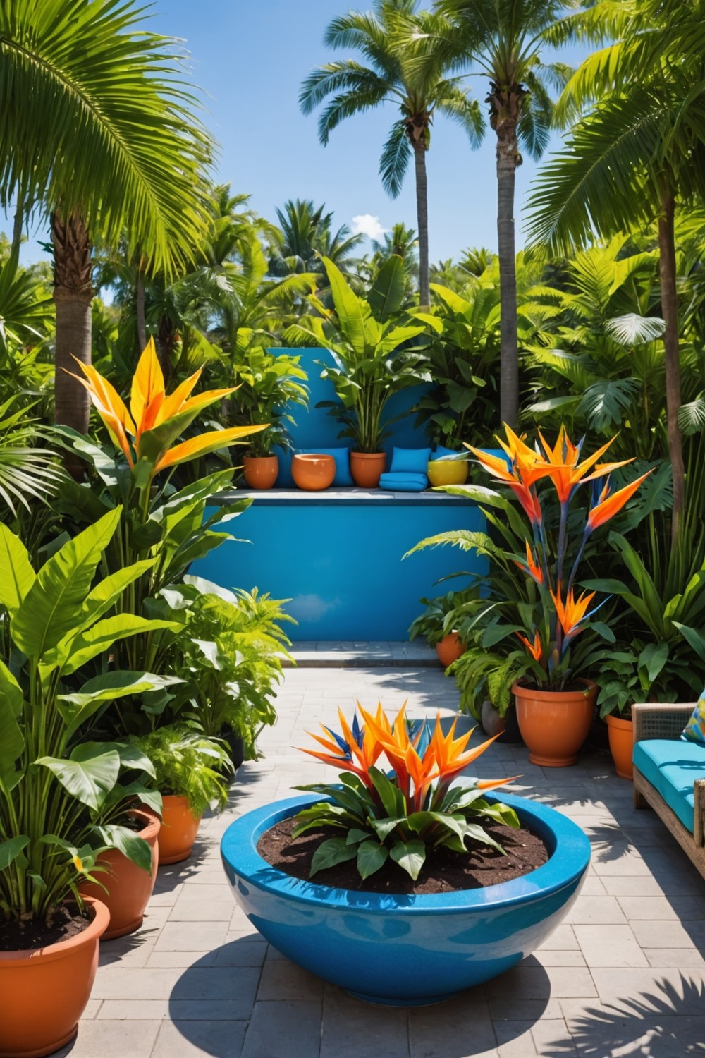 Vibrant Tropical Planters Around Pool