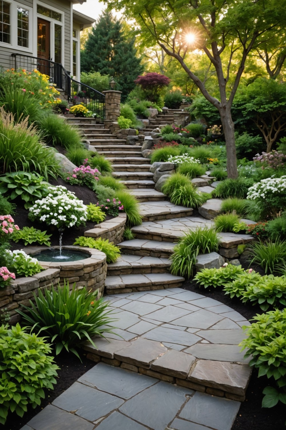 Winding Steps with Water Feature