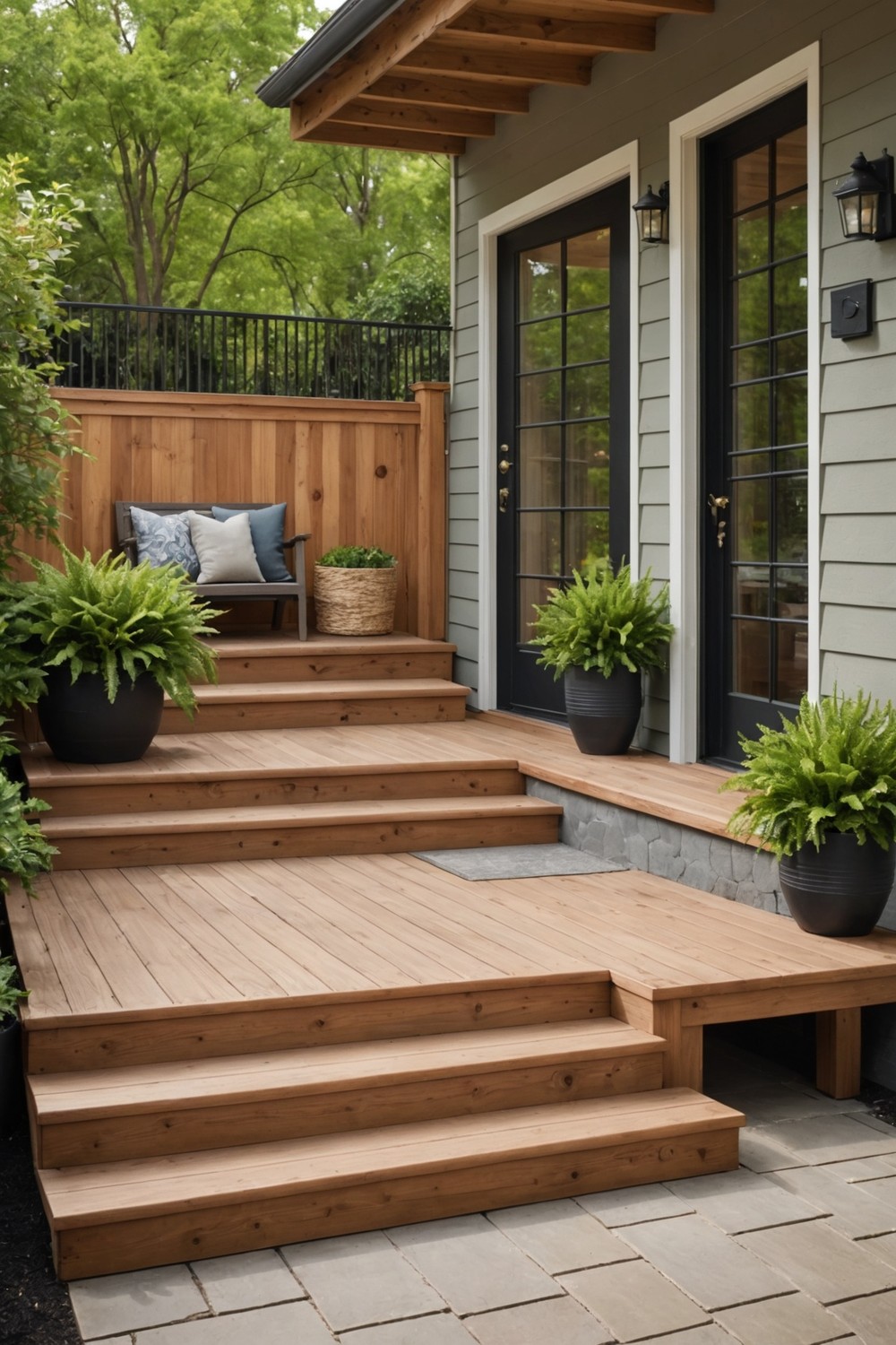 Wooden Steps with a Natural Wood Railing